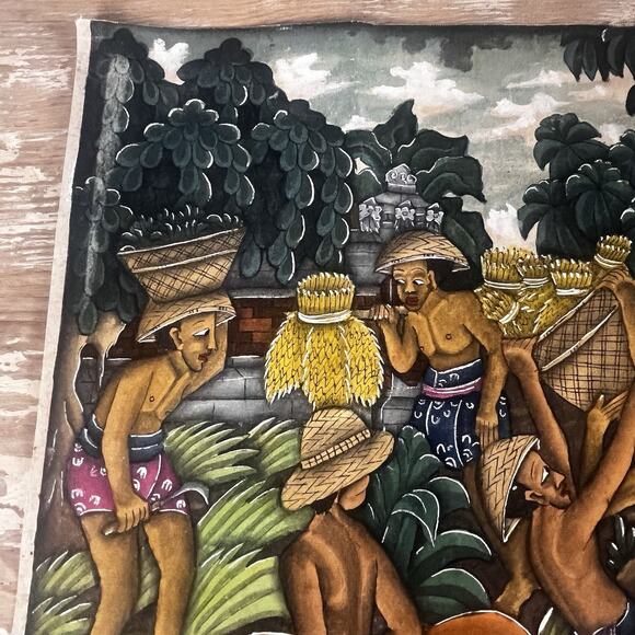 Vintage Balinese Gouache Painting I.BG Rai Bali Village Scene Rice Harvest 11x8” - Picture 12 of 15